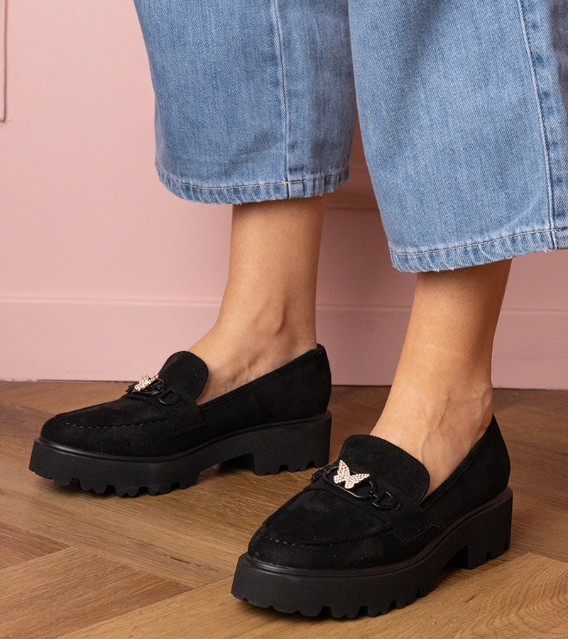 Czarne mokasyny damskie z cyrkoniowym motylkiem Mokka