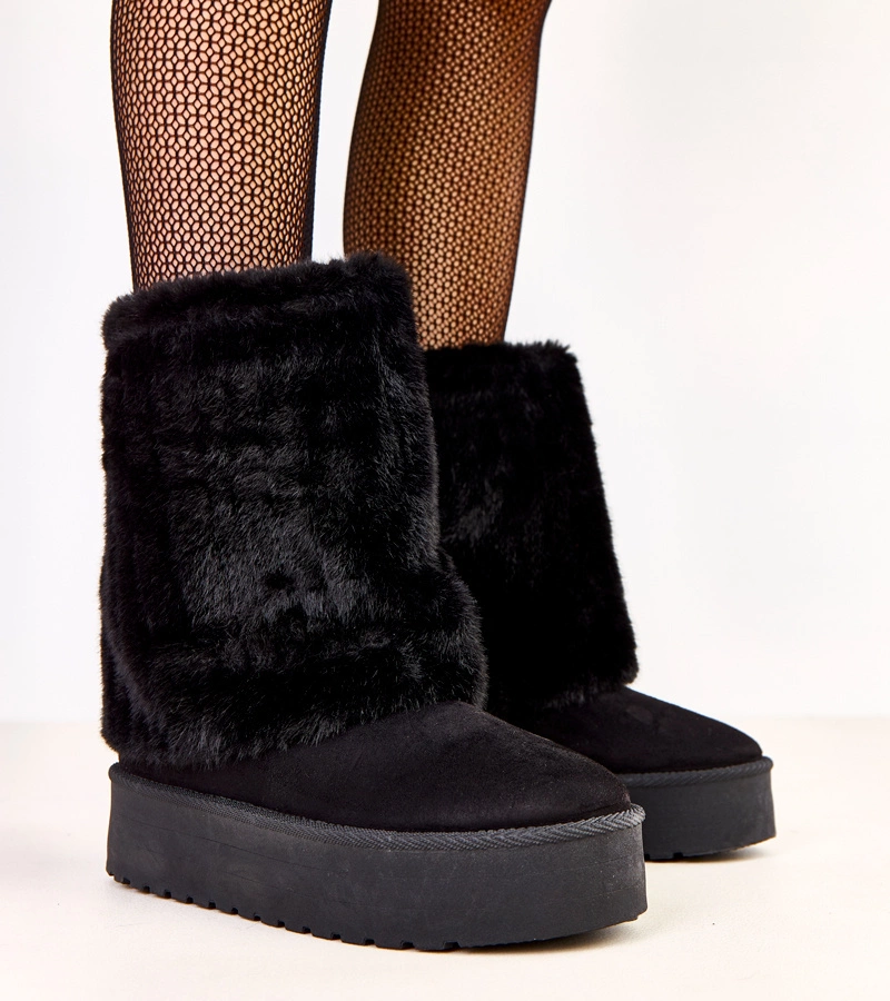 Czarne śniegowce na platformie z futerkową cholewką Leda