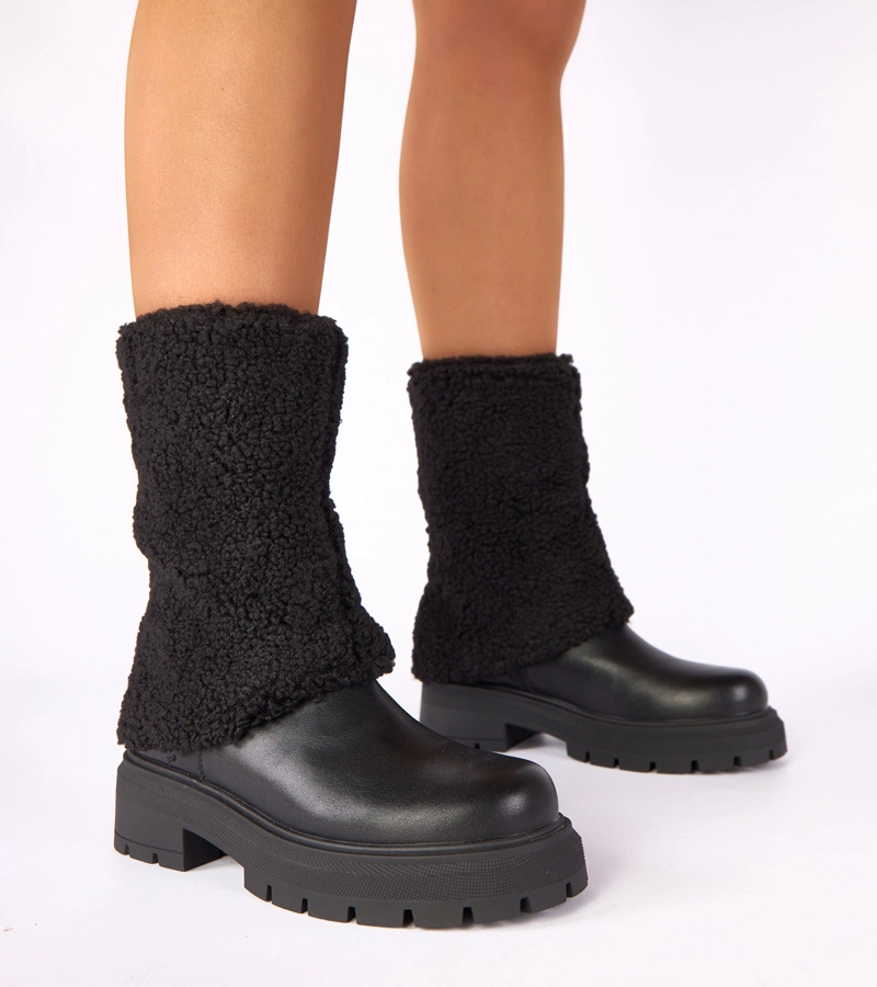 Czarne botki z wywiniętą materiałową cholewką Darlene