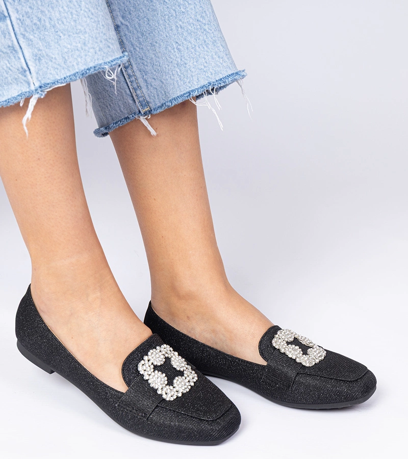 Czarne brokatowe mokasyny z cyrkoniami Sawelia