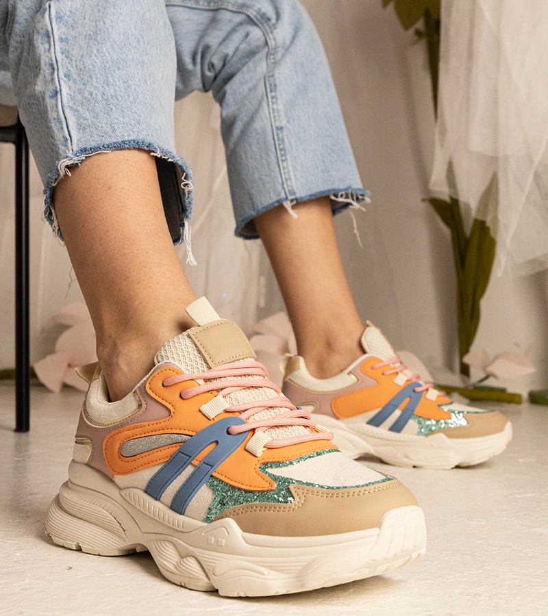 Pomarańczowe sneakersy damskie sportowe z brokatem Maleda