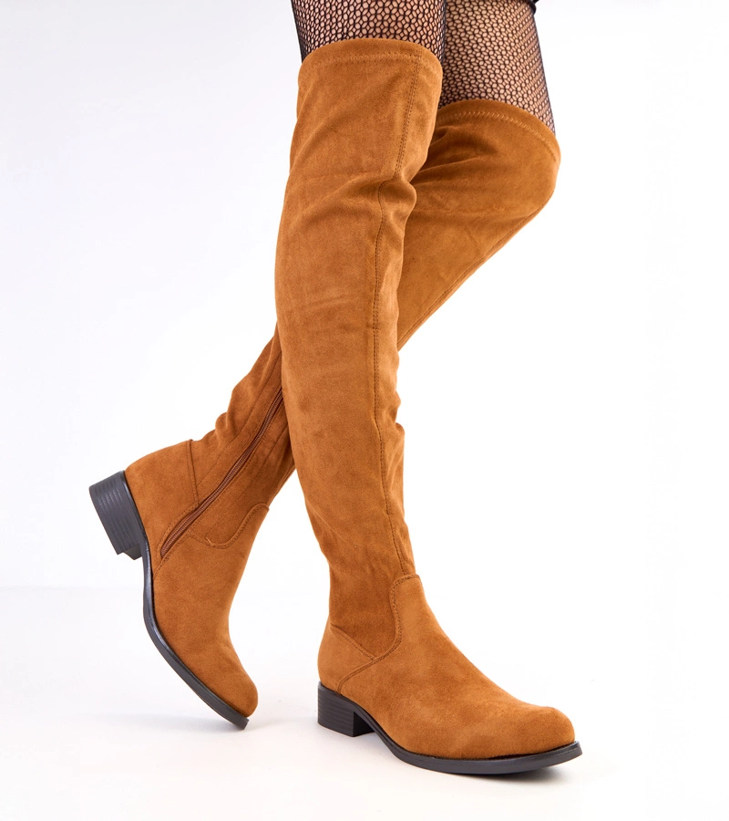 Brązowe długie kozaki na płaskiej podeszwie Heloren