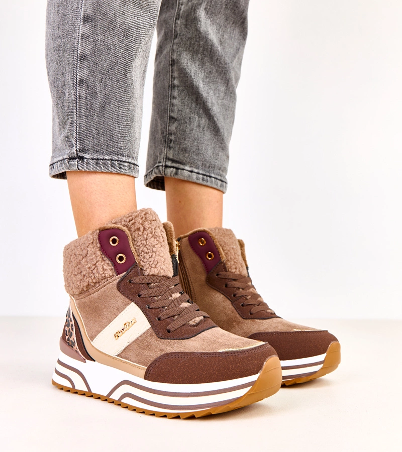 Brązowe sneakersy wysokie ocieplane z kożuszkiem Mirasen