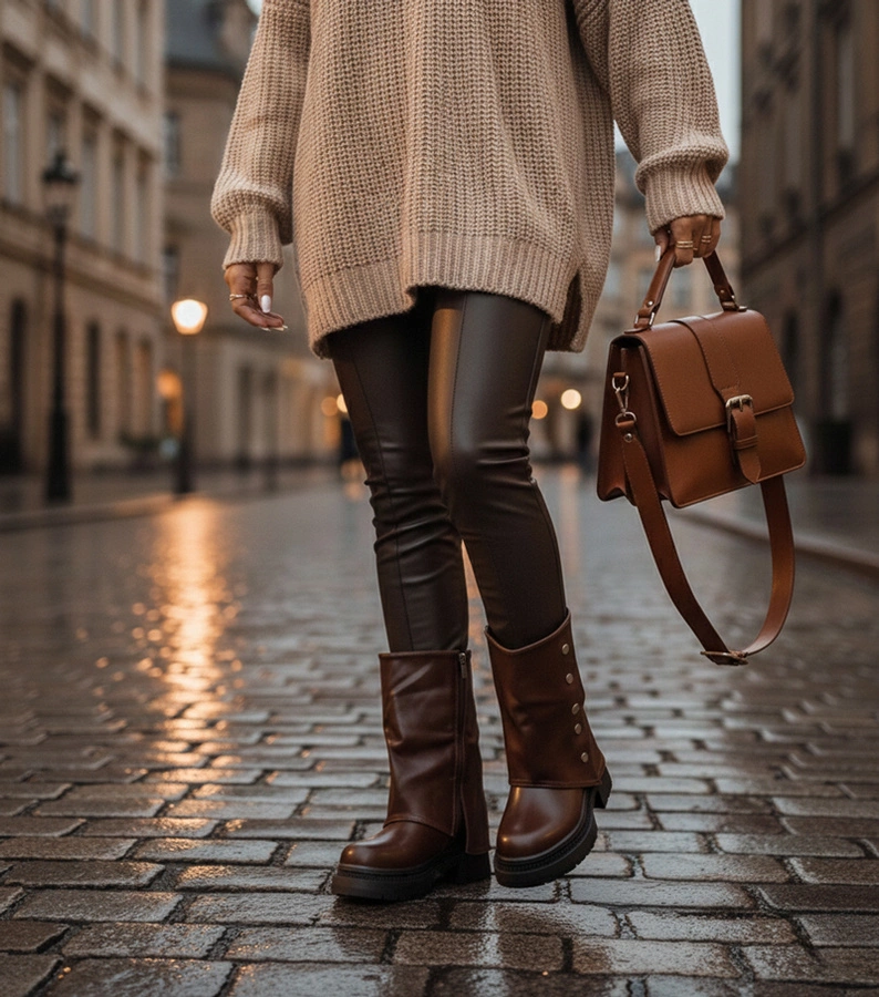 Czekoladowe botki z wywiniętą cholewką na platformie Carla