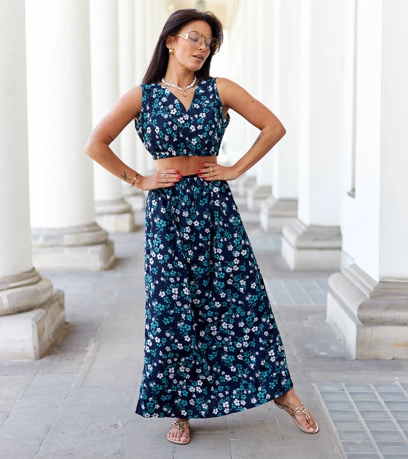 Granatowy komplet z topem i spódnicą Genova