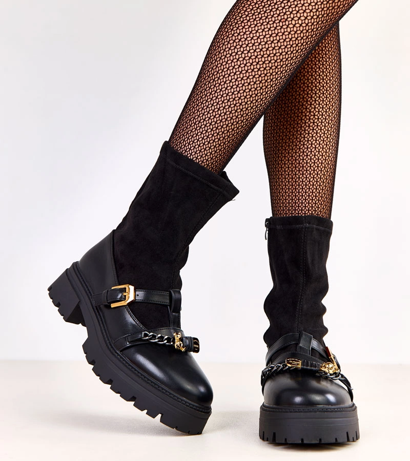 Czarne traperki zdobione misiem i sprzączką Hariet