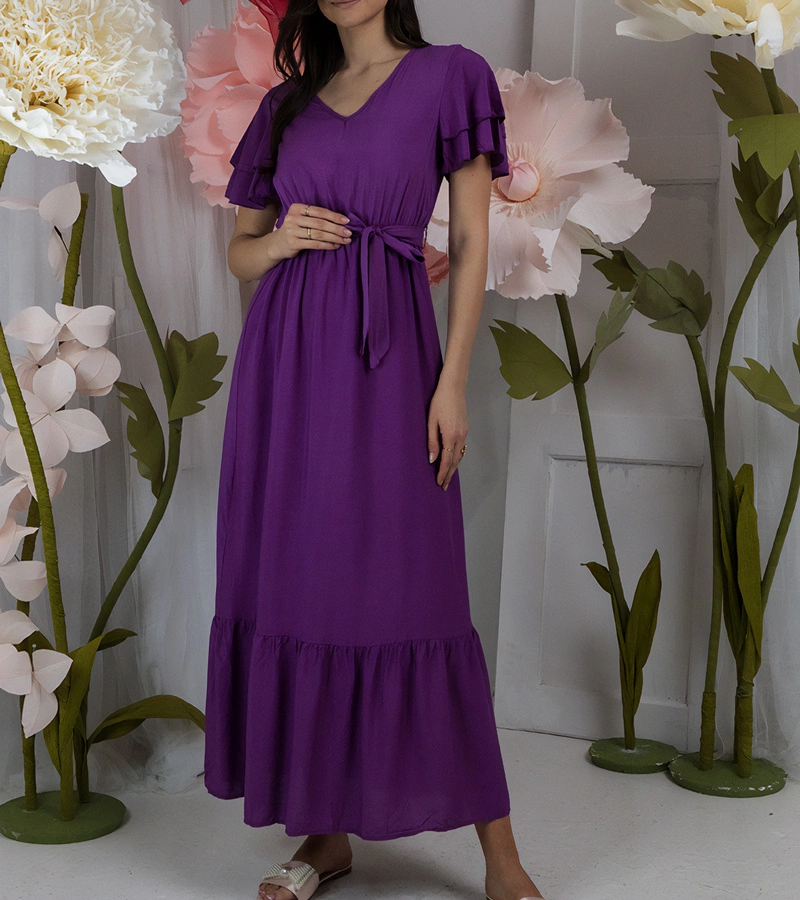 Fioletowa sukienka maxi z krótkim rękawem Akina