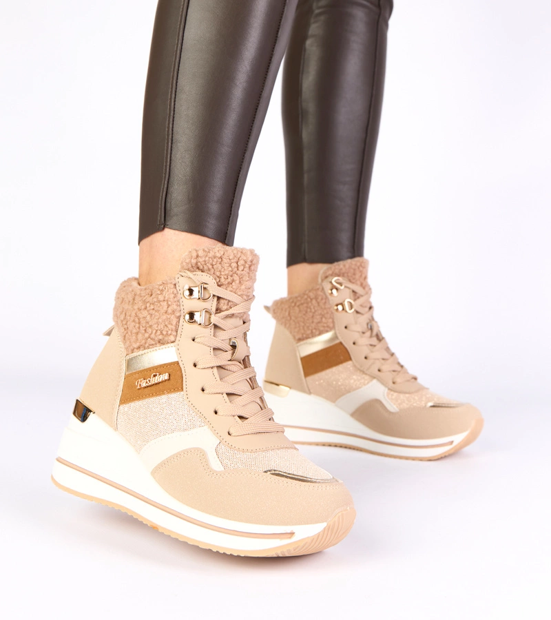 Beżowe śniegowce sneakersy ocieplane na koturnie Rolinda