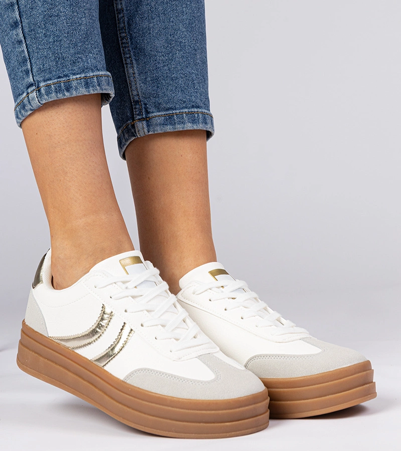 Białe sneakersy trampki damskie z złotym dodatkiem Melly