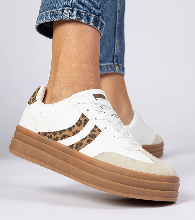Białe sneakersy trampki damskie z panterkowym dodatkiem Melly