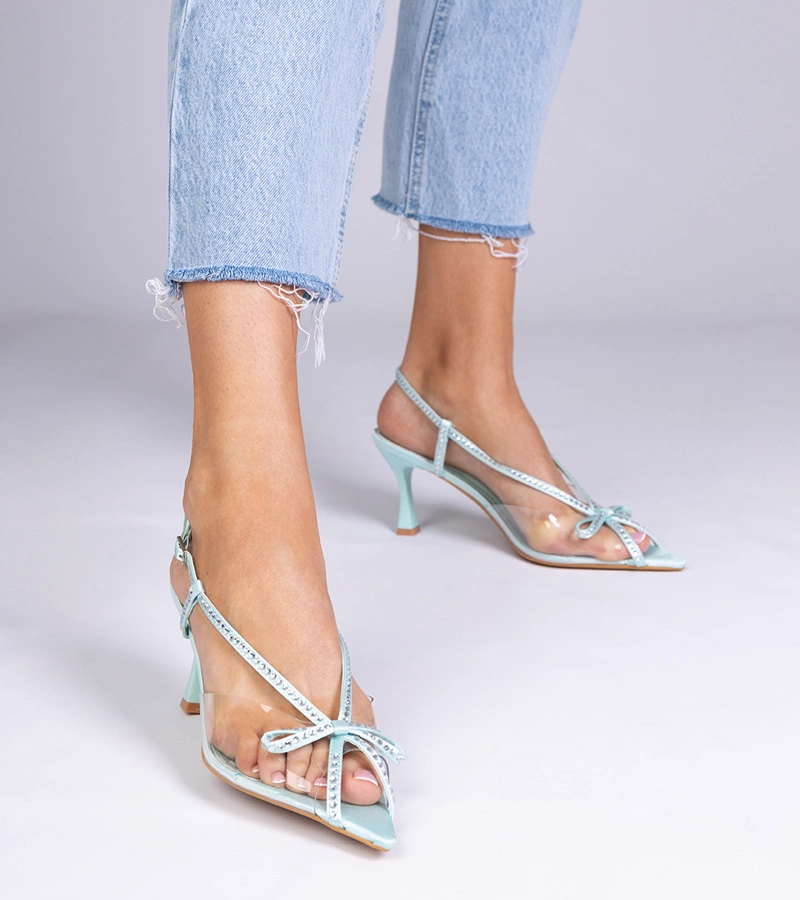 Zielone przezroczyste sandały na szpilce z cyrkoniami Kloksi