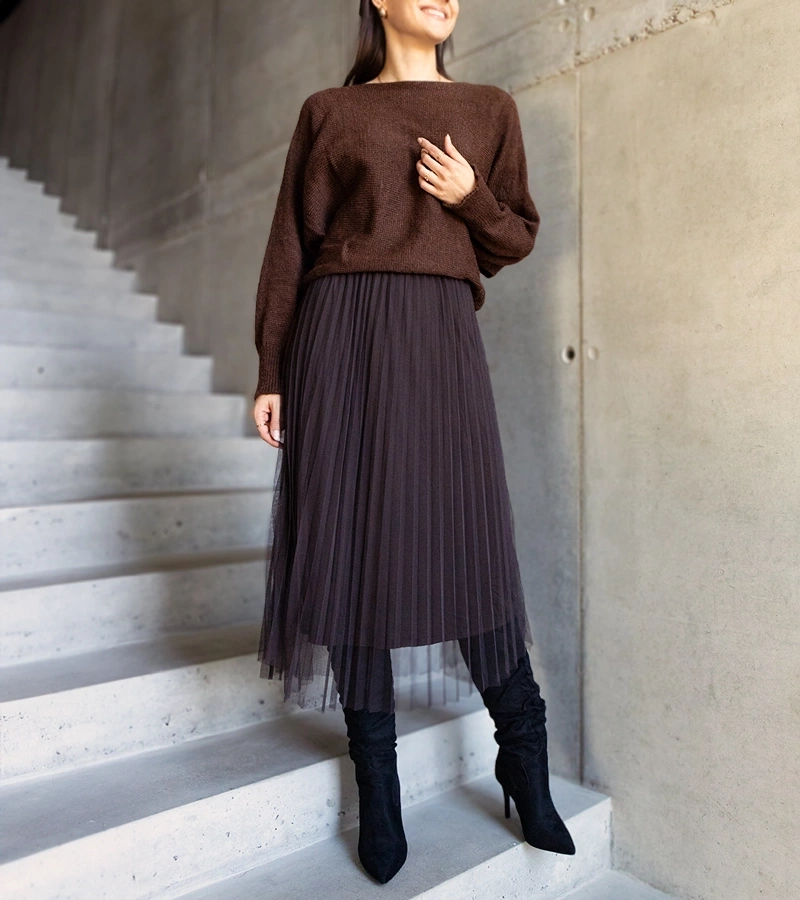 Brązowy komplet sweterek i sukienka z tiulem Sorenla