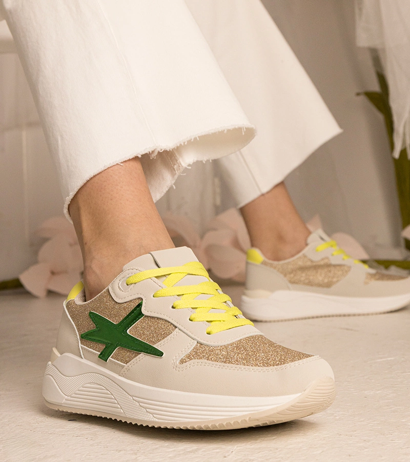 Beżowe sneakersy damskie sportowe z brokatem Kaletti