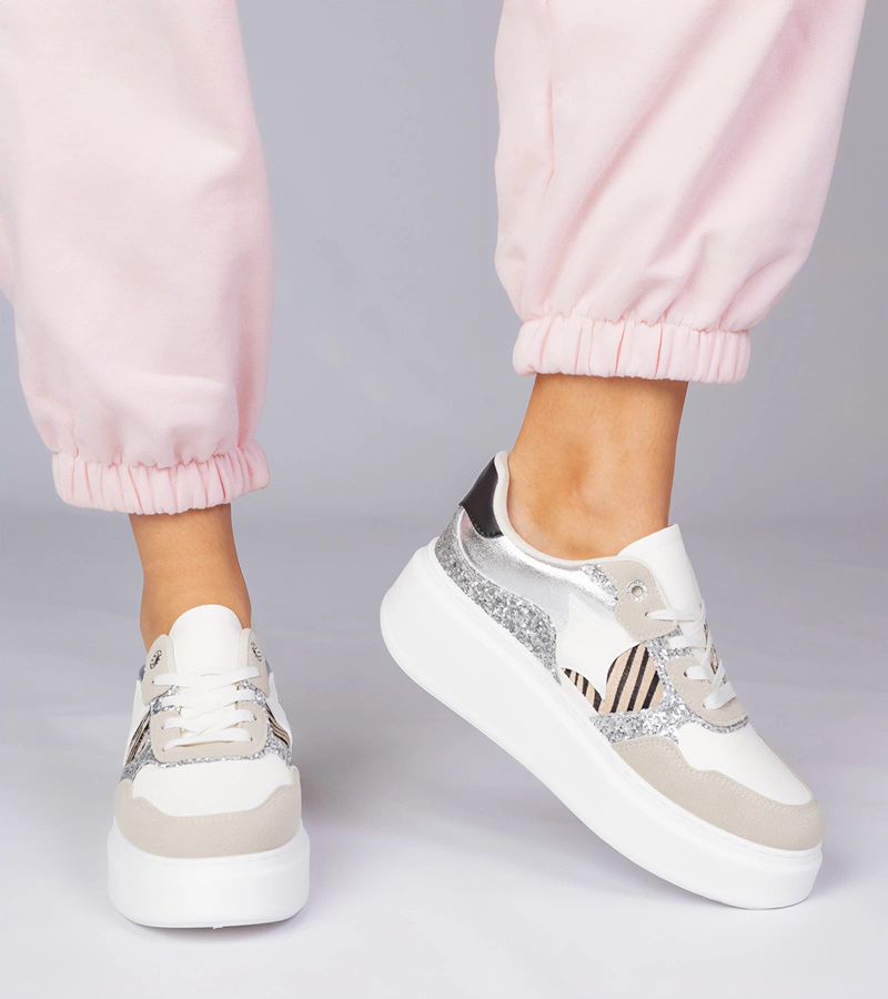 Beżowe sneakersy z brokatem i zwierzęcym drukiem Bertula