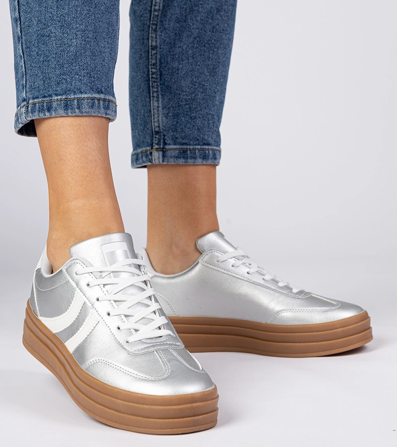 Srebrne sneakersy trampki damskie sportowe na platformie Melly