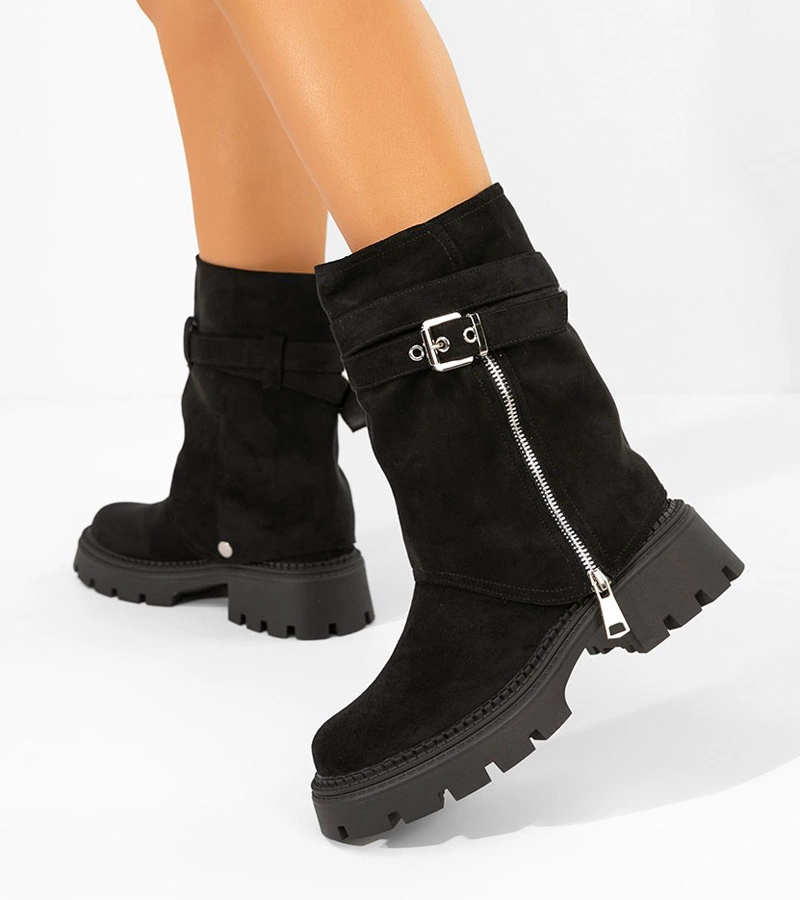 Czarne botki z odpinaną cholewką z ozdobnym suwakiem Edna