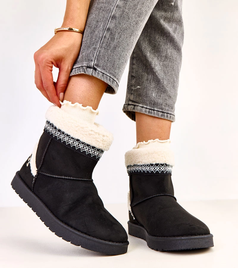 Czarne niskie śniegowce zdobione haftem Sensila