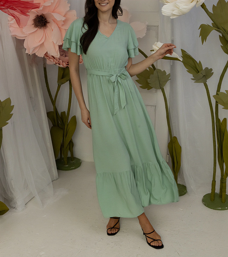 Zielona sukienka maxi z krótkim rękawem Akina