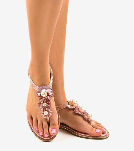 Różowe płaskie sandały zdobione LS22